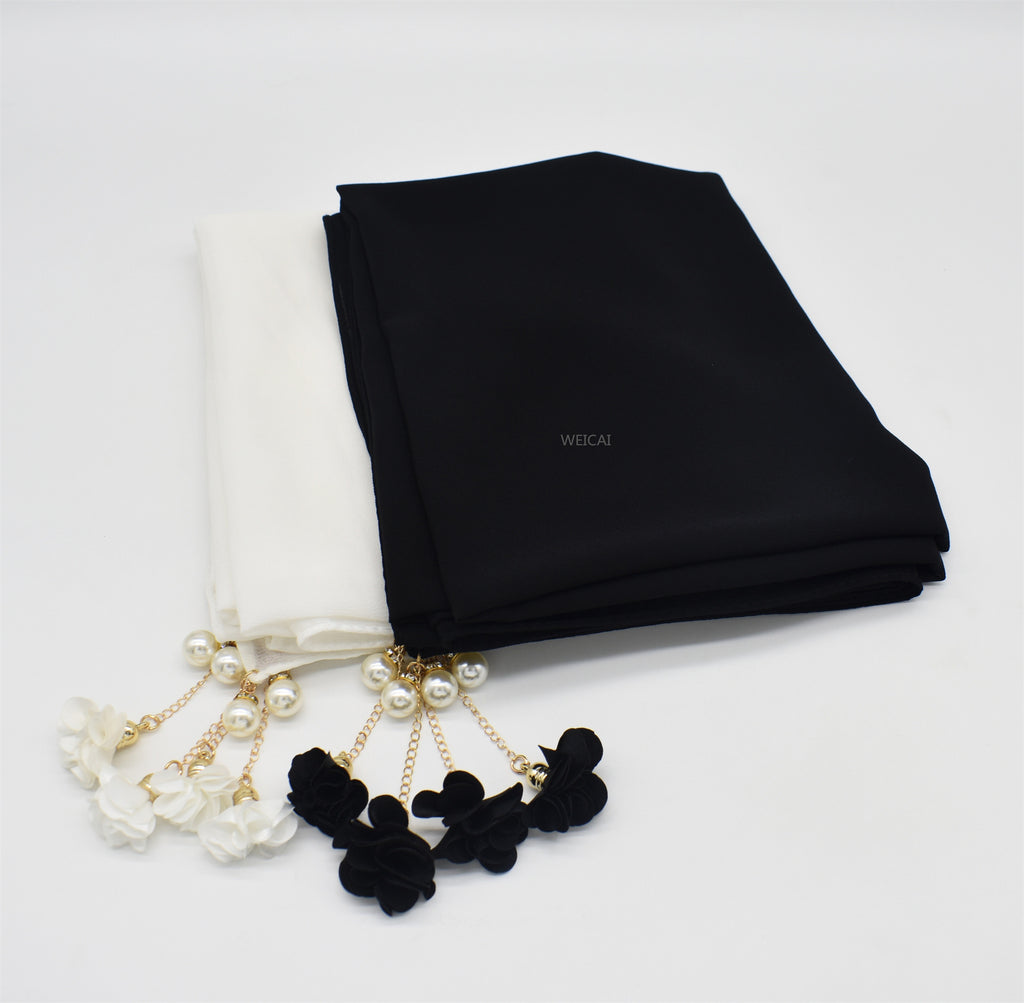 New monochrome pearl chiffon bubble bag headscarf exquisite pearl flower scarf women's scarf hijab