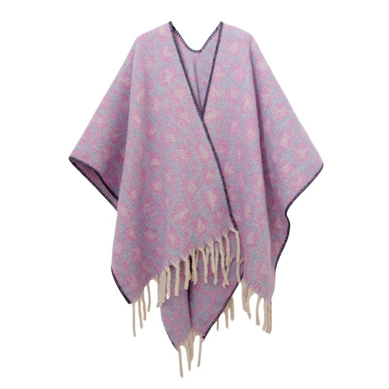 European, American autumn and winter circle yarn imitation mohair thickened jacquard leopard print fringed cross shawl