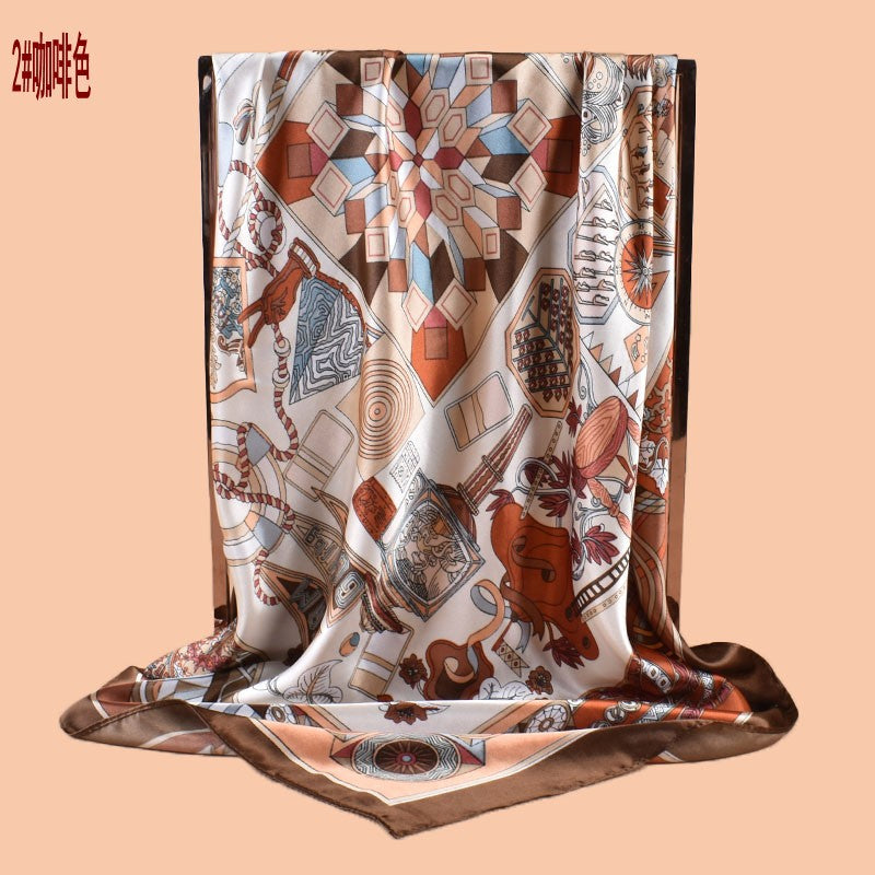 2025 new 90cm-satin geometric retro printed square scarf with sunscreen bag head silk scarf decorative scarf