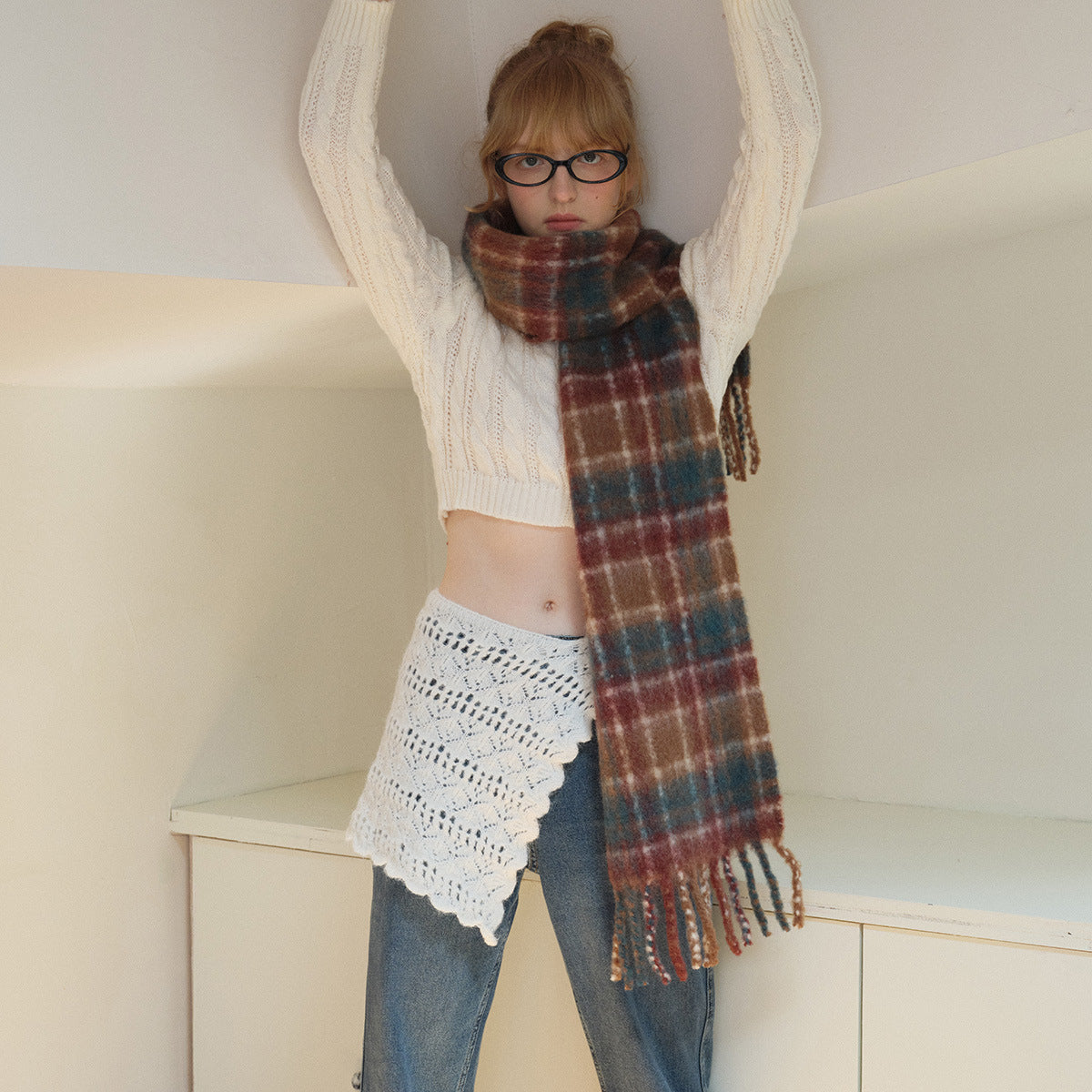 6% mohair 40% wool retro plaid scarf women's winter millennium retro soft vibe scarf