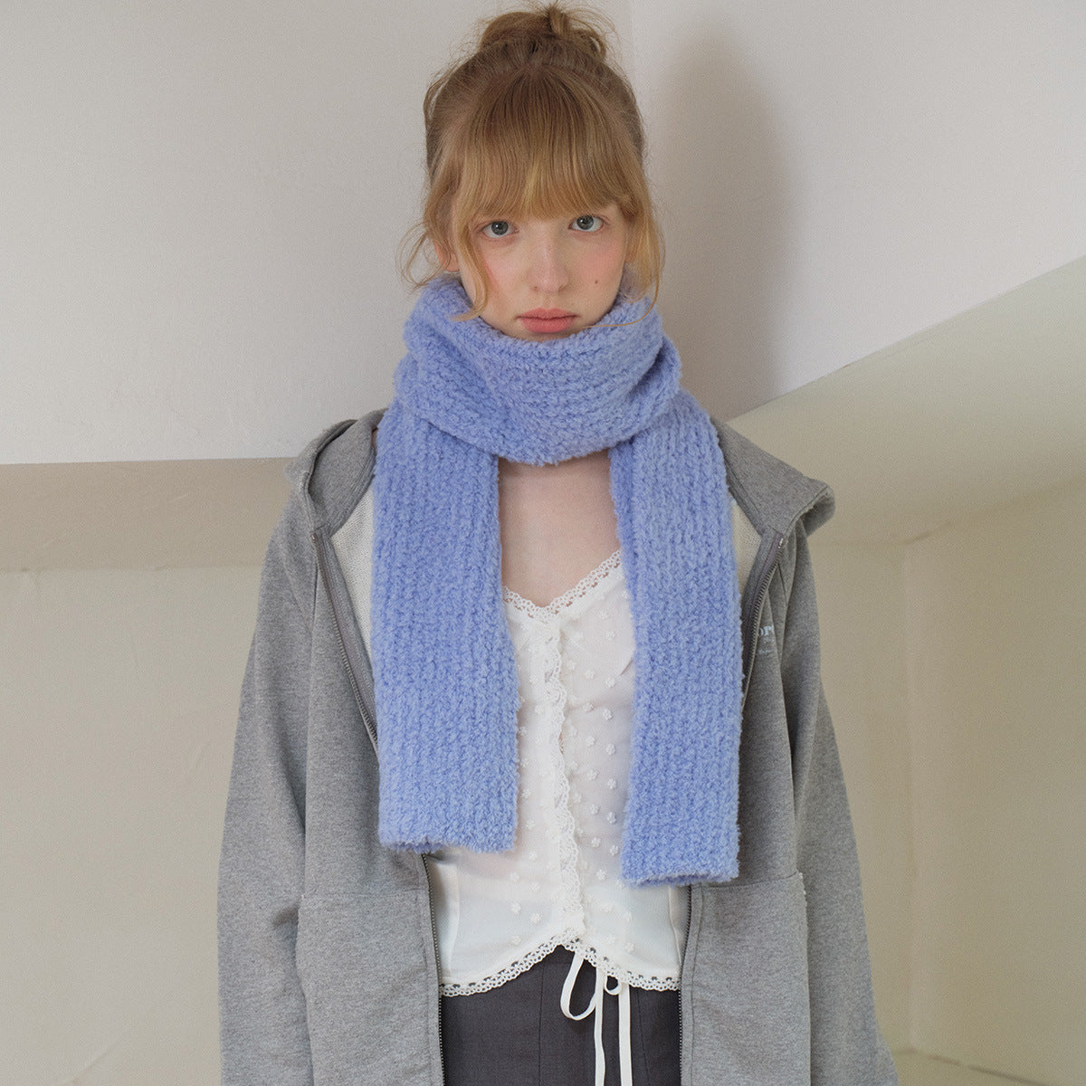 25% wool blended Korean curly hair knitted scarf women's autumn and winter soft atmosphere wool scarf ins