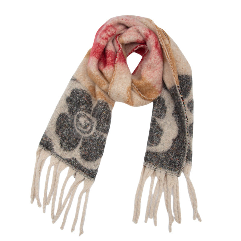 European, American autumn and winter new loop yarn imitation mohair jacquard four-leaf flower scarf