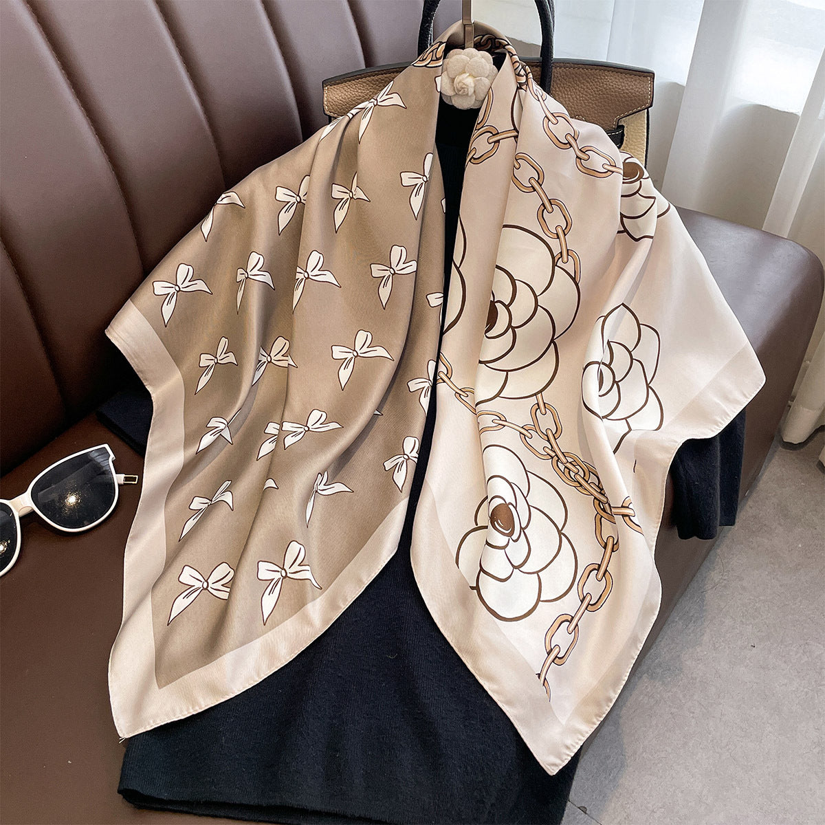 Spring and autumn new oblique silk pattern large square scarf bow flower print square scarf female imitation silk fashion versatile shawl