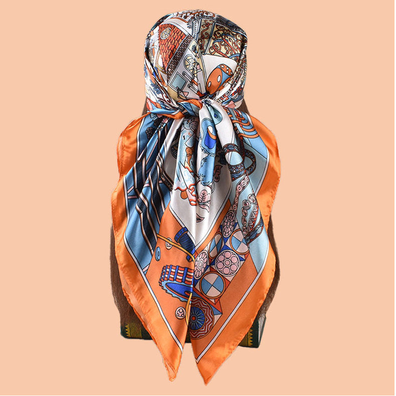 2025 new 90cm-satin geometric retro printed square scarf with sunscreen bag head silk scarf decorative scarf