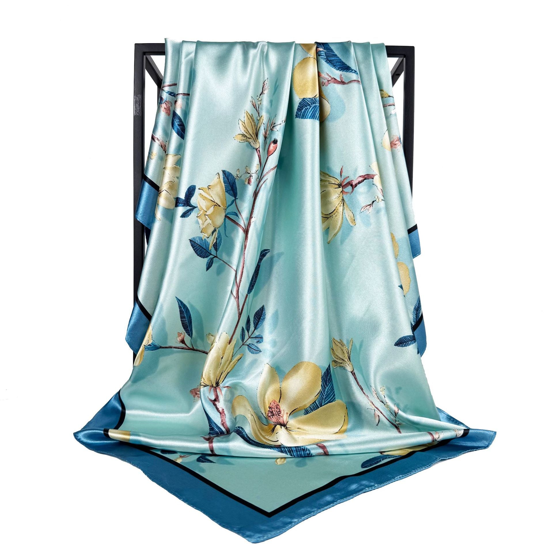 Spring new product, simple and elegant plant flower silk scarf, imitation silk satin 90cm square scarf, ethnic women's headscarf