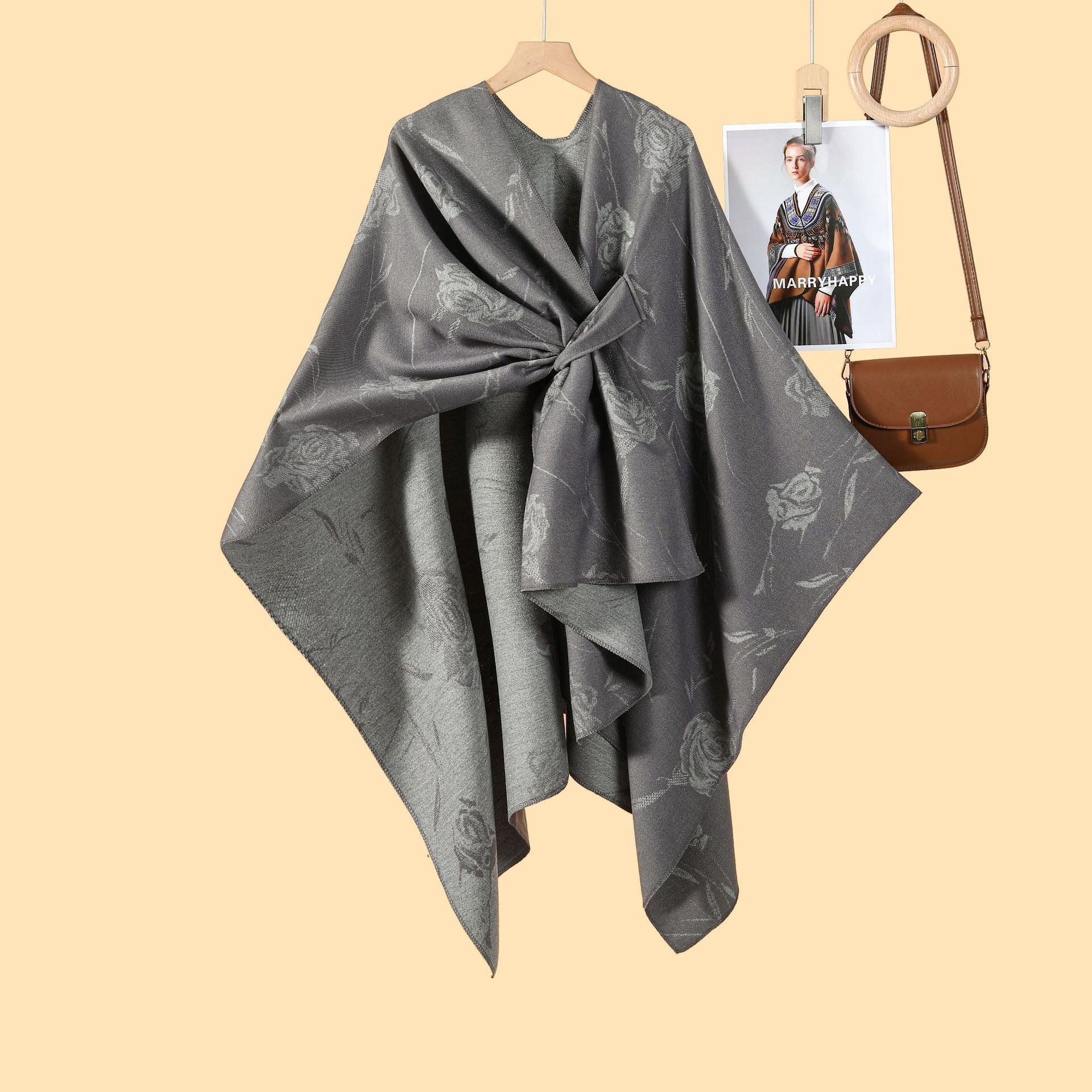 Ladies French Romantic Rose Split Shawl Cloak Multifunctional Side Straps Outside with Warm Cardigan New