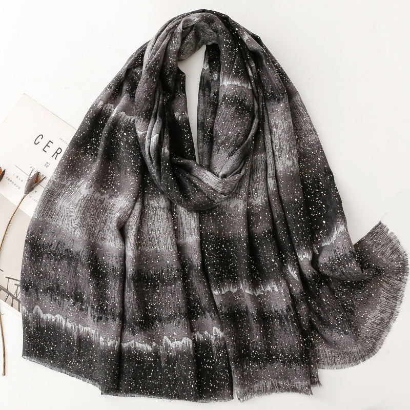 Cotton and linen feel scarf soft silk scarf bronzing cloud gradual change color rough edge printing shawl women