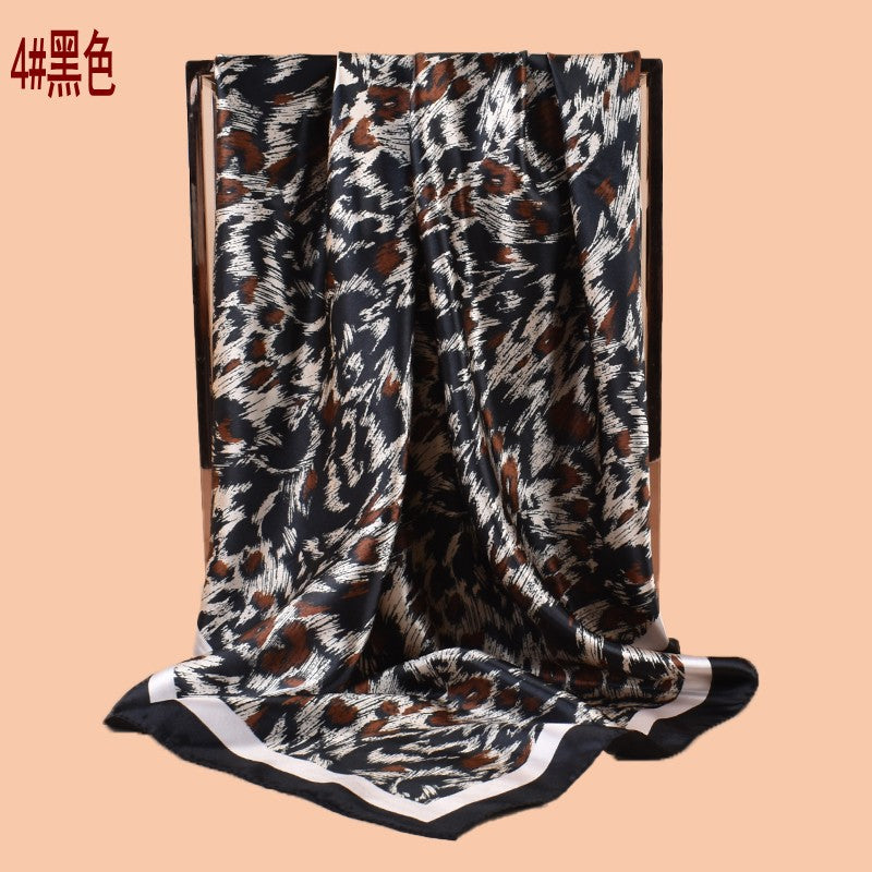 2025 new 90cm-satin sketch leopard print versatile printed square scarf with sunscreen, bag head silk scarf decoration, scarf