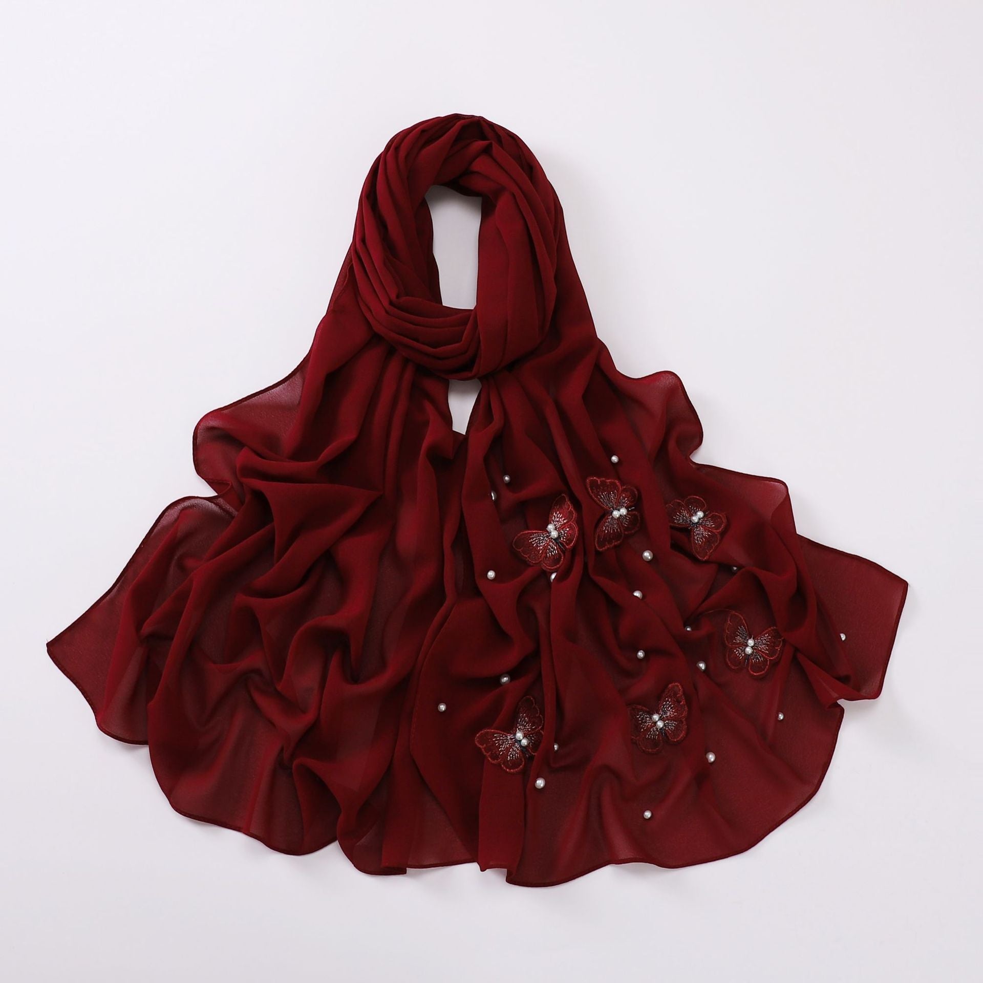 Pearl chiffon three-dimensional butterfly flower bead scarf gauze Malaysian headscarf