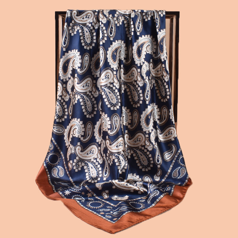 New 90cm-satin sun cashew flower printed square scarf with sunscreen, head silk scarf decoration, scarf