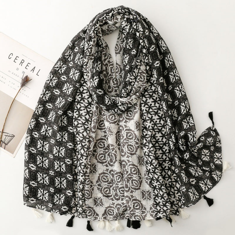 Spring and summer cotton and linen feel scarf celebrity style geometric style fringed silk scarf warm shawl
