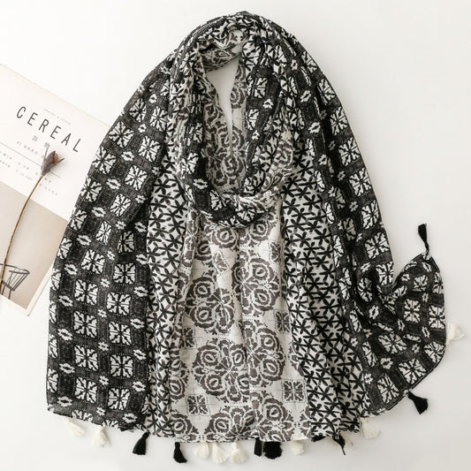 Spring and summer cotton and linen feel scarf celebrity style geometric style fringed silk scarf warm shawl
