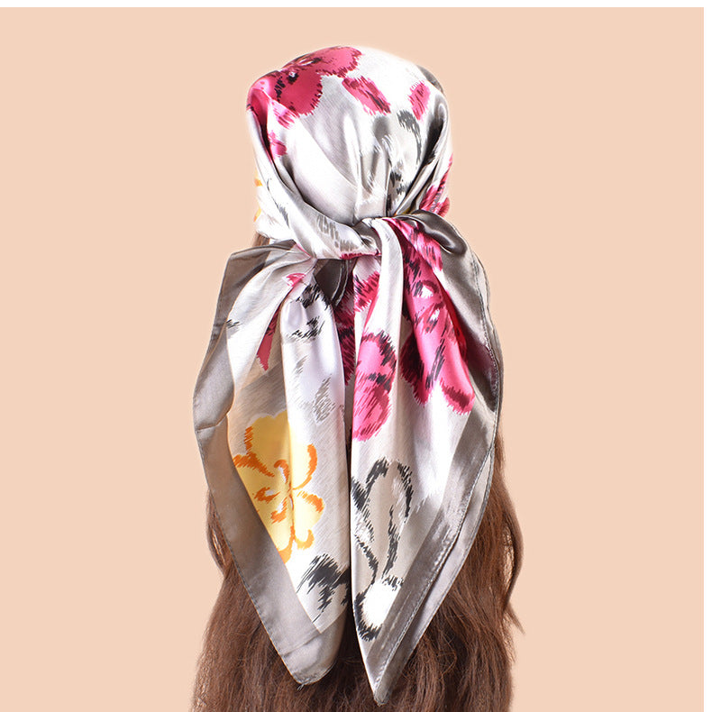 Spring new fashionable versatile large shawl imitation silk flower printing silk scarf head scarf 90-color square scarf