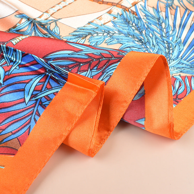 Spring and summer scarf fashionable versatile pastoral plant printing decorative headscarf silk scarf 90cm high-quality satin square scarf