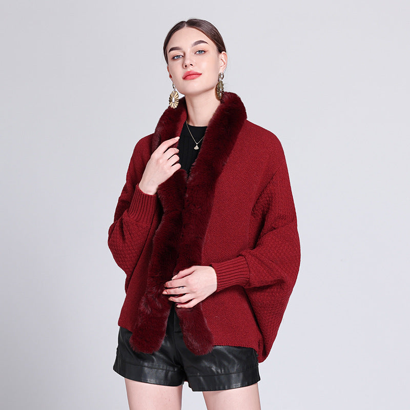 Autumn and winter new fashion loose fur collar bat sleeve knitted cardigan shawl with cape jacket women 1226