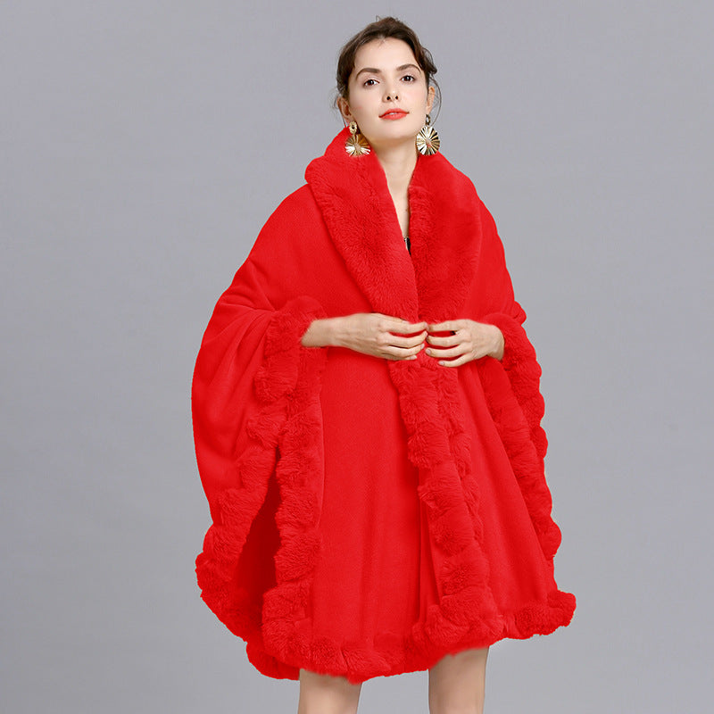 European and American new cape large size coat women's shawl loose imitation fur collar knitted cardigan shawl cape 1561 #