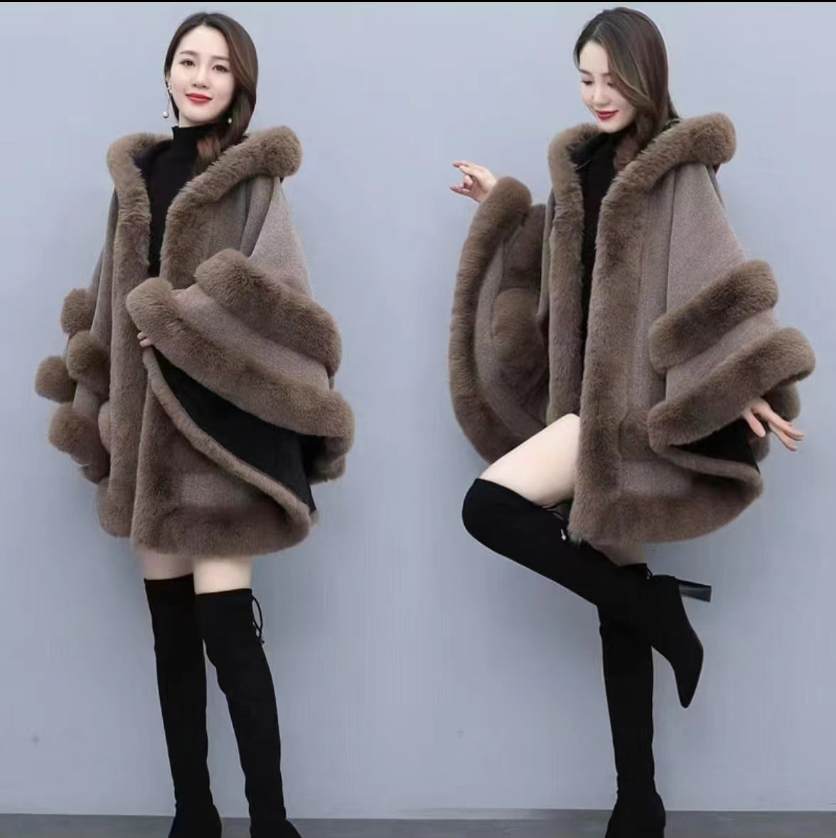 Autumn and Winter New Large Size Imitation Fox Fur Collar Fur Hooded Knitted Cardigan Shawl Cape Jacket