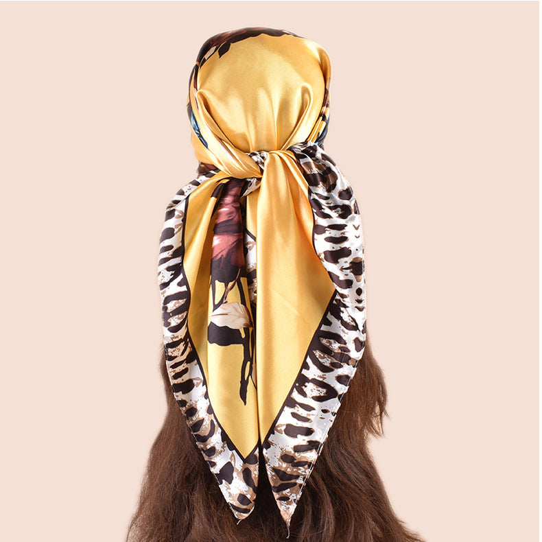 Spring new large shawl simulation silk leopard print rose printing silk scarf head scarf 90-color large square scarf