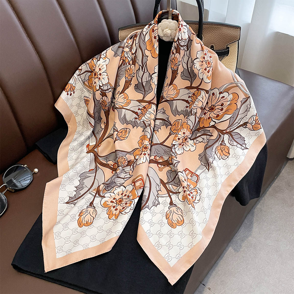 Spring and Autumn New Women's Twill 90 Square Scarf Fashion Flower Printing Multifunctional Versatile Shawl Scarf