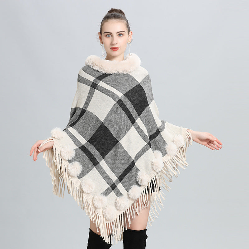 European and American autumn and winter new imitation fur collar round neck plaid hairball pullover knitted sweater cape shawl jacket women 0972 #