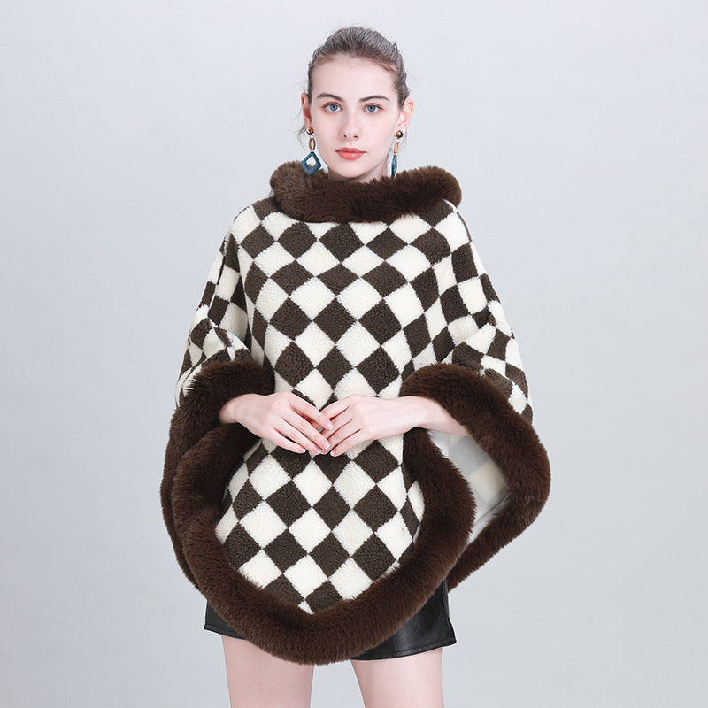European and Korean autumn and winter new cape shawl thickened plaid fur collar crew neck pullover shawl cape jacket 0986 #