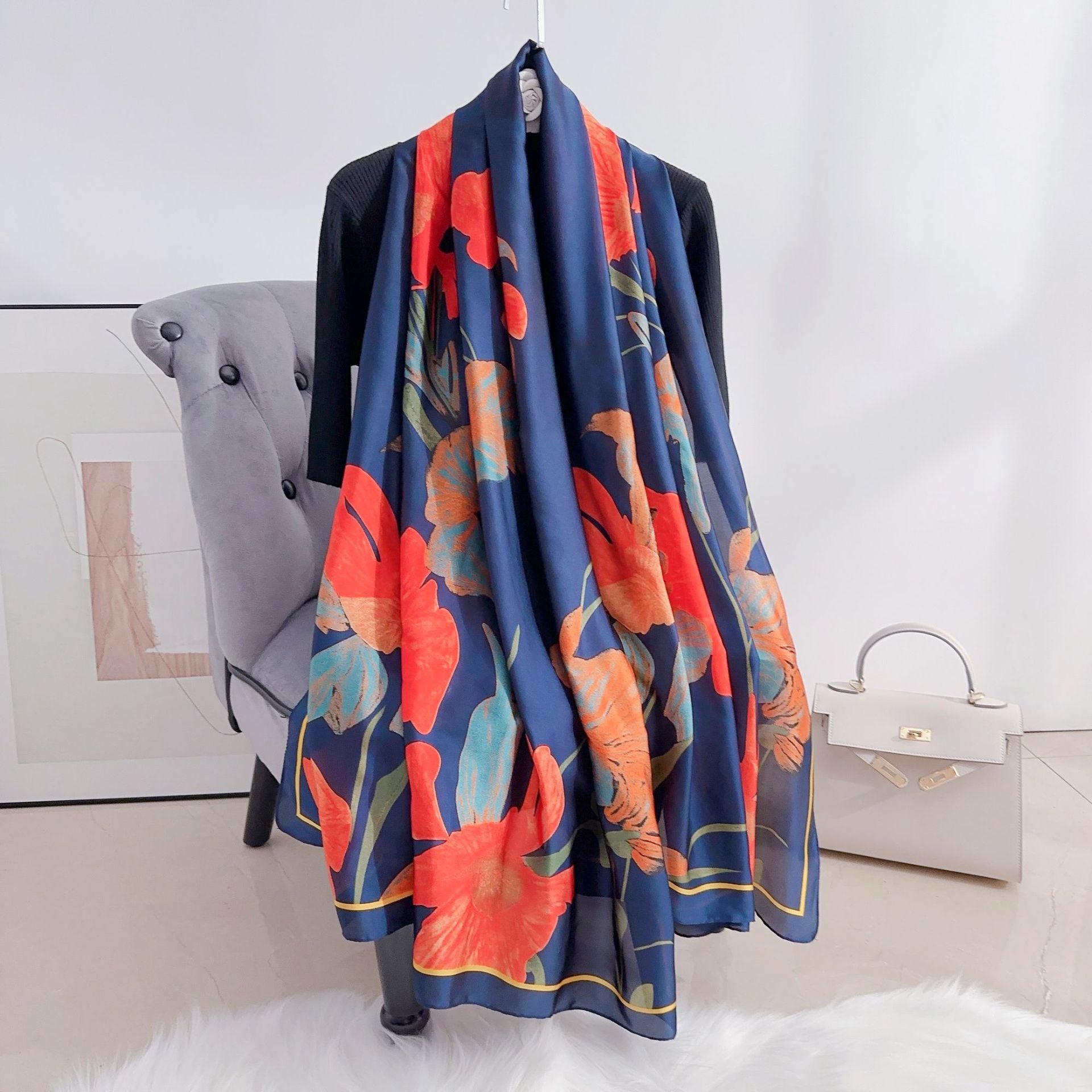 Stylish and elegant plant flower flower print long silk scarf, sweet and fresh literary girl with shawl