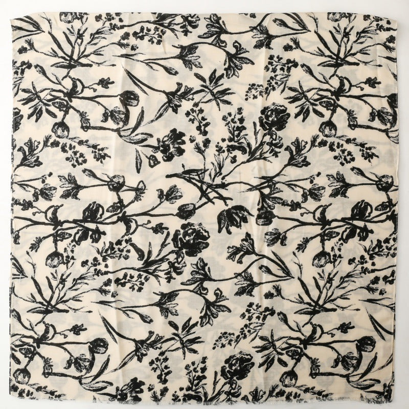 Vintage ethnic style cotton and linen feel scarf plant flower branch silk scarf thick shawl ladies