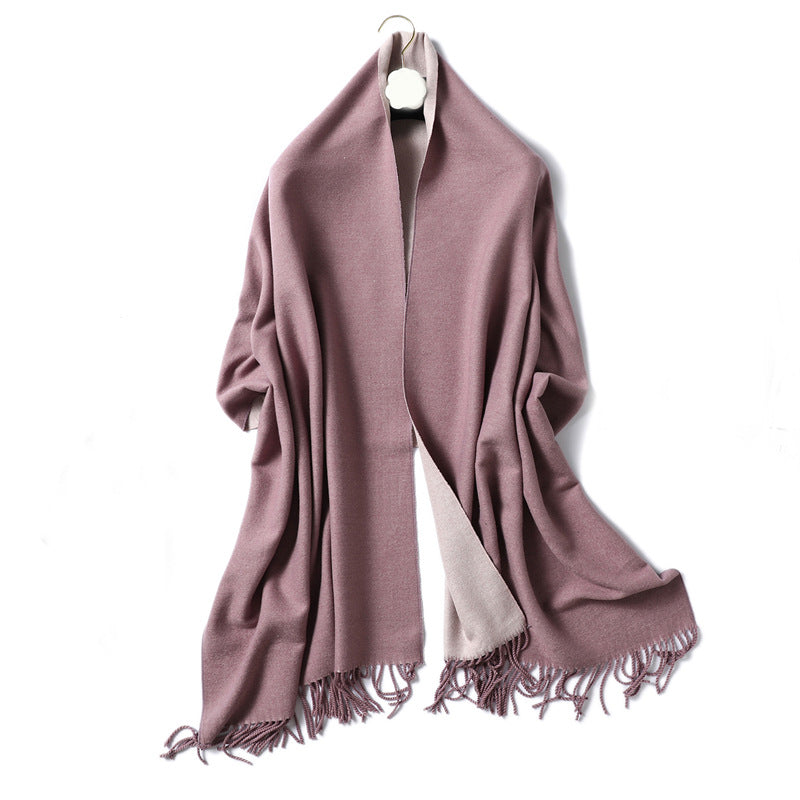 Simple solid color imitation cashmere scarf men's and women's winter thickened warm double-sided two-color versatile fringed shawl core-spun yarn