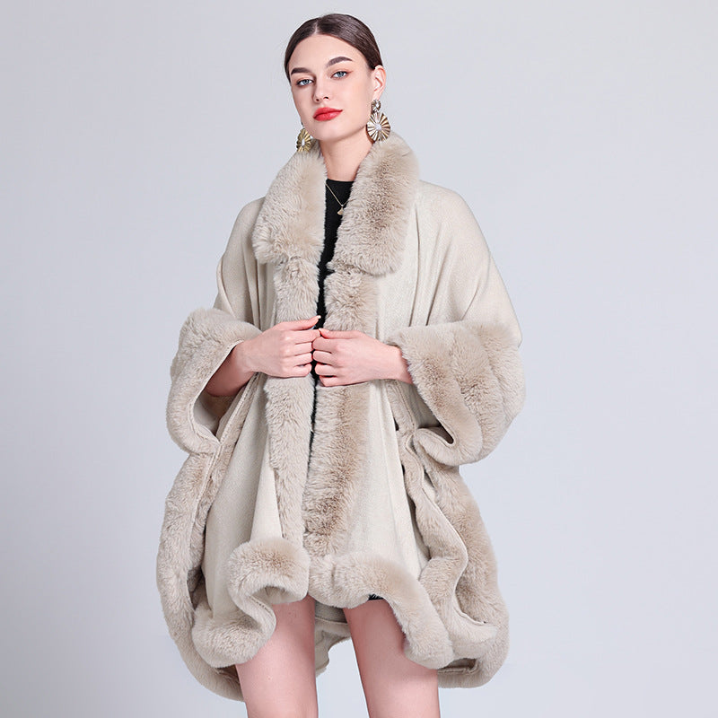 European and American autumn and winter new knitted fur collar loose cape shawl cape with medium and long imitation fur coat women