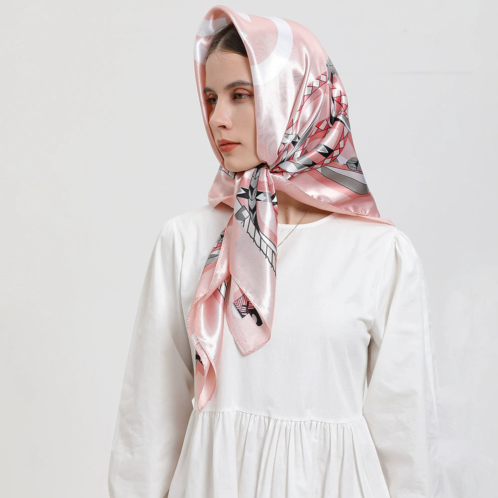 Indonesian, Malay women's head scarf, imitation silk and satin 90cm large square scarf, outer scarf