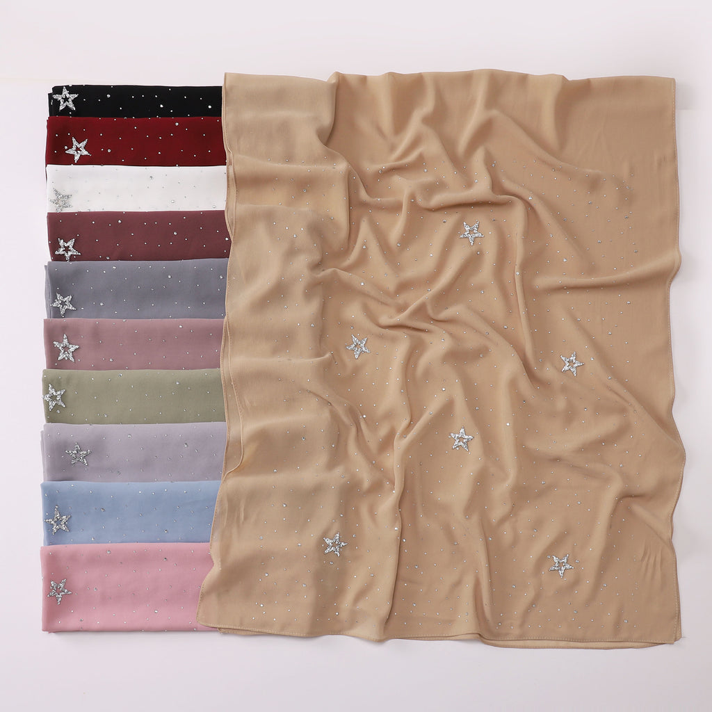 New chiffon half-width Gypsy star pentagram hot diamond long scarf, yarn scarf, Middle East Malay headscarf