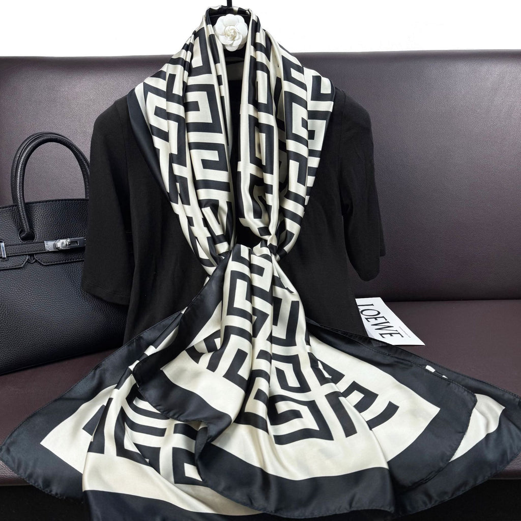 Simple and versatile geometric back-shaped brocade long printed silk scarf, spring and summer women's travel vacation sunscreen shawl