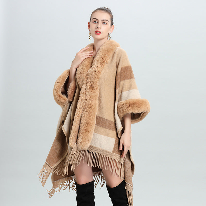 European and American autumn and winter new imitation Rex rabbit fur collar fashion striped loose fringed knitted cardigan shawl cape 0913 #