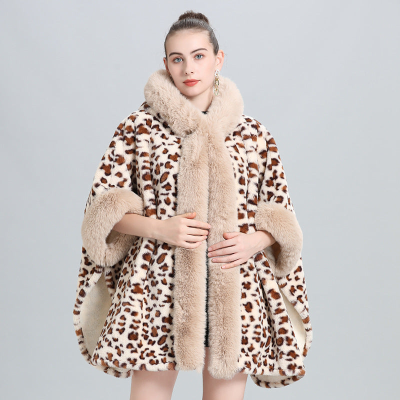 Cloak shawl piled thickened fur collar fringed knitted shawl large size woolen coat 0961 #