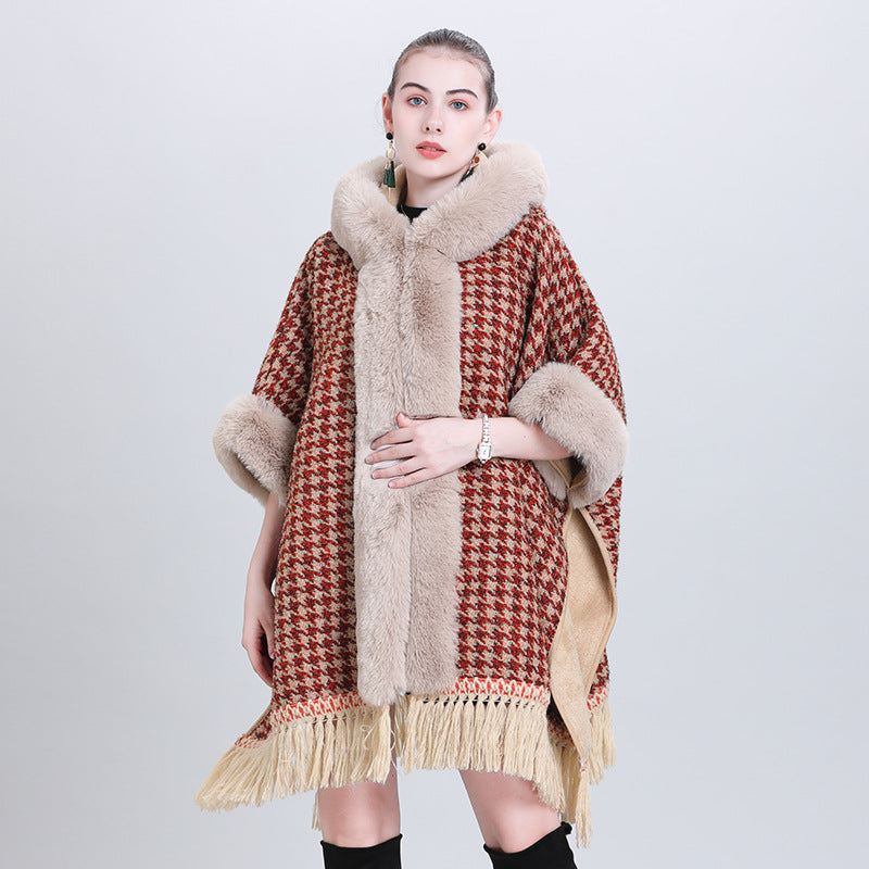 Autumn and winter new cape shawl loose fleece thickened fur collar hooded fringed cardigan shawl cape jacket 1186