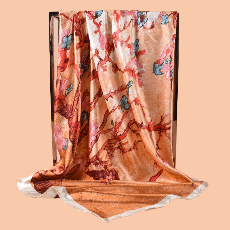 2025 new 90cm-color ink painting plum blossom printing square scarf with sunscreen, bag head silk scarf decoration, scarf