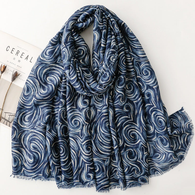 Cotton and linen feel scarf soft silk scarf bronzing latte corrugated print shawl