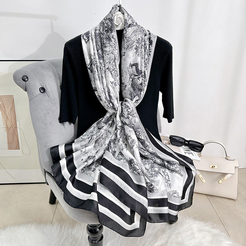 Fashion thin travel photography with long scarves, Japanese and Korean retro niche plant flower printing silk scarves