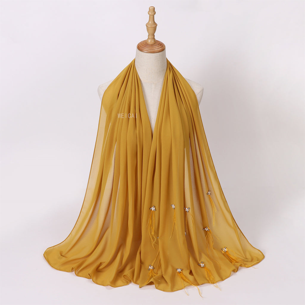 Fashion new pearl chiffon headscarf malay indonesia beaded ostrich hair scarf hijab