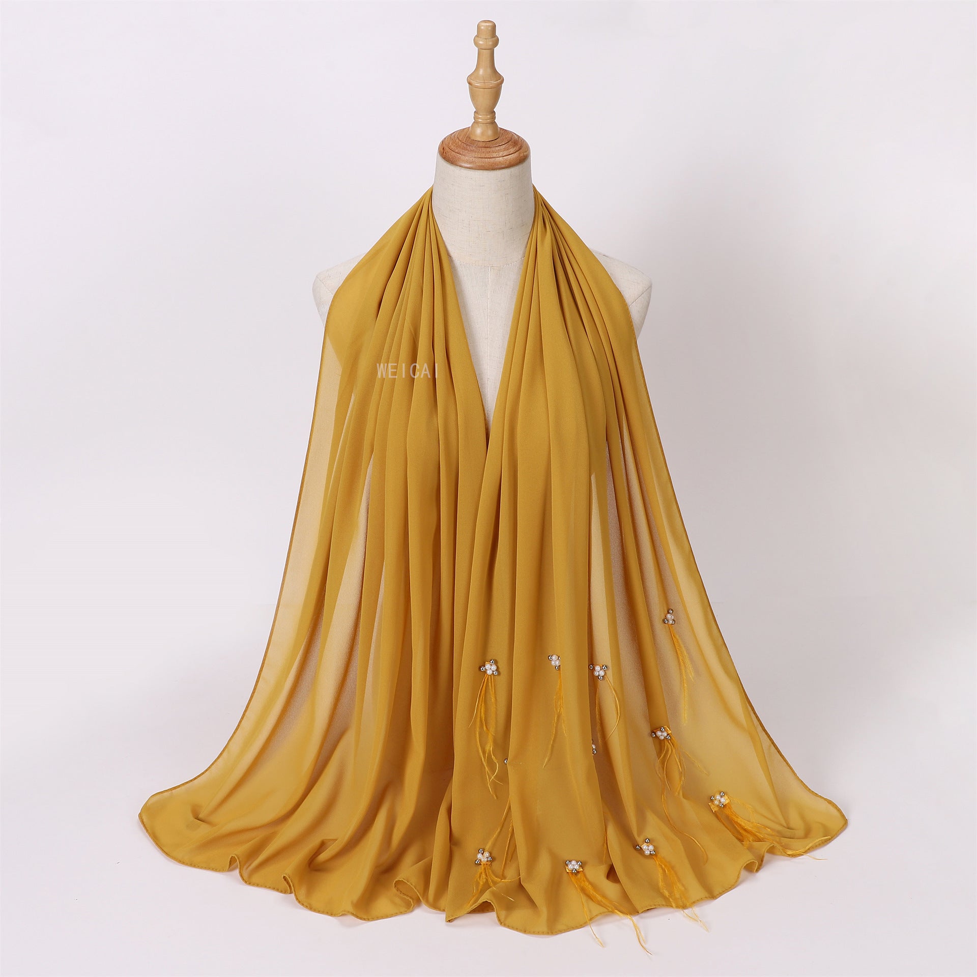 Fashion new pearl chiffon headscarf malay indonesia beaded ostrich hair scarf hijab