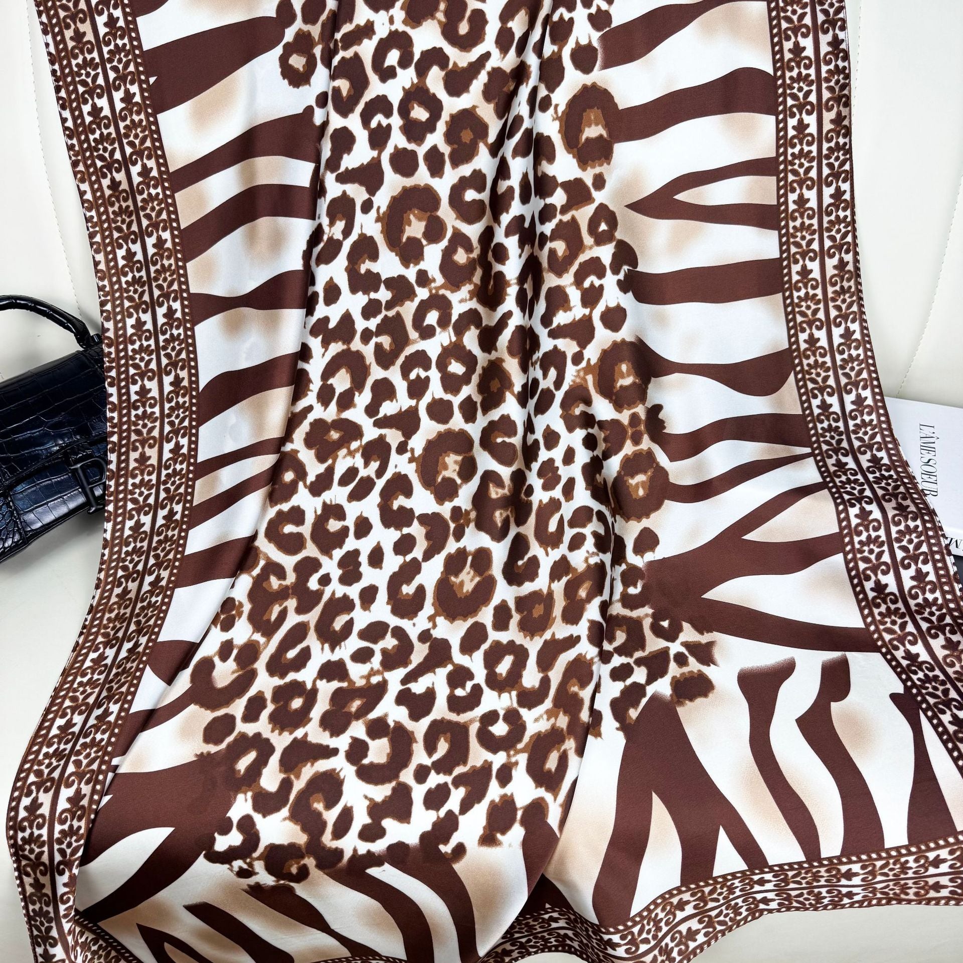 Fashion versatile geometric lines leopard print long silk scarf, ethnic women's dress sunscreen