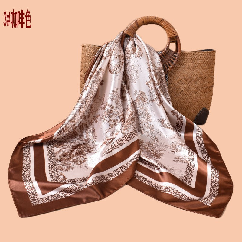 2025 spring and summer ink painting printing versatile decorative scarf headscarf silk scarf 90 high-quality satin square scarf