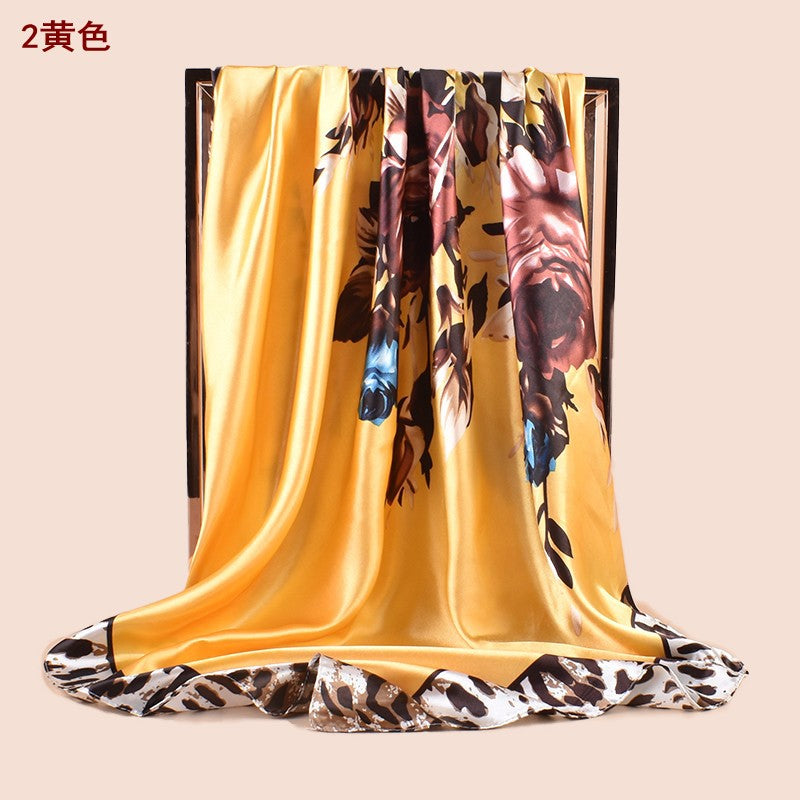 Spring new large shawl simulation silk leopard print rose printing silk scarf head scarf 90-color large square scarf
