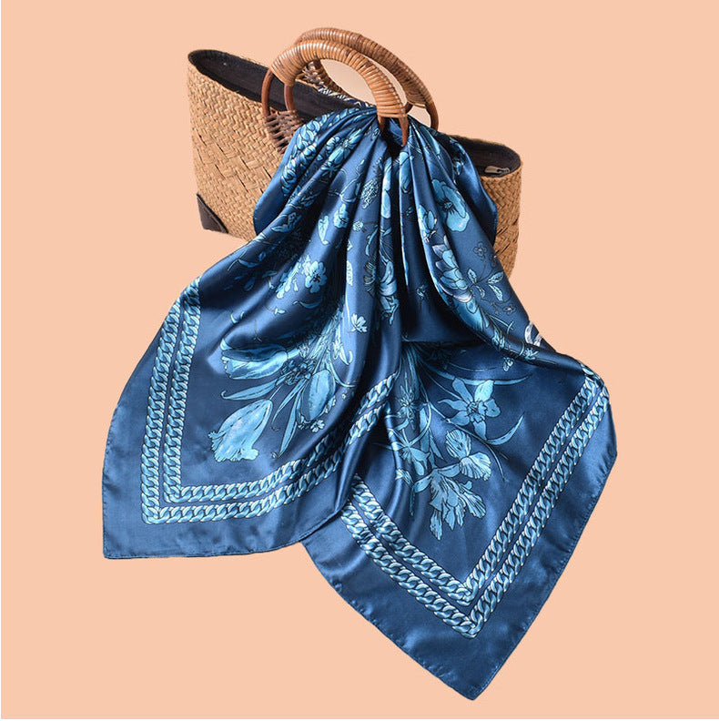 Spring and summer scarf flower bush butterfly printing versatile decorative scarf headscarf silk scarf 90 high-quality satin square scarf