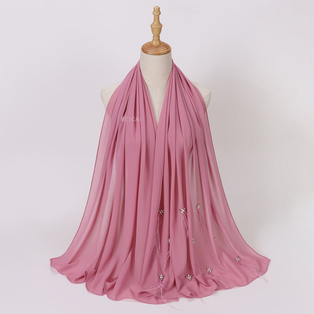Fashion new pearl chiffon headscarf malay indonesia beaded ostrich hair scarf hijab