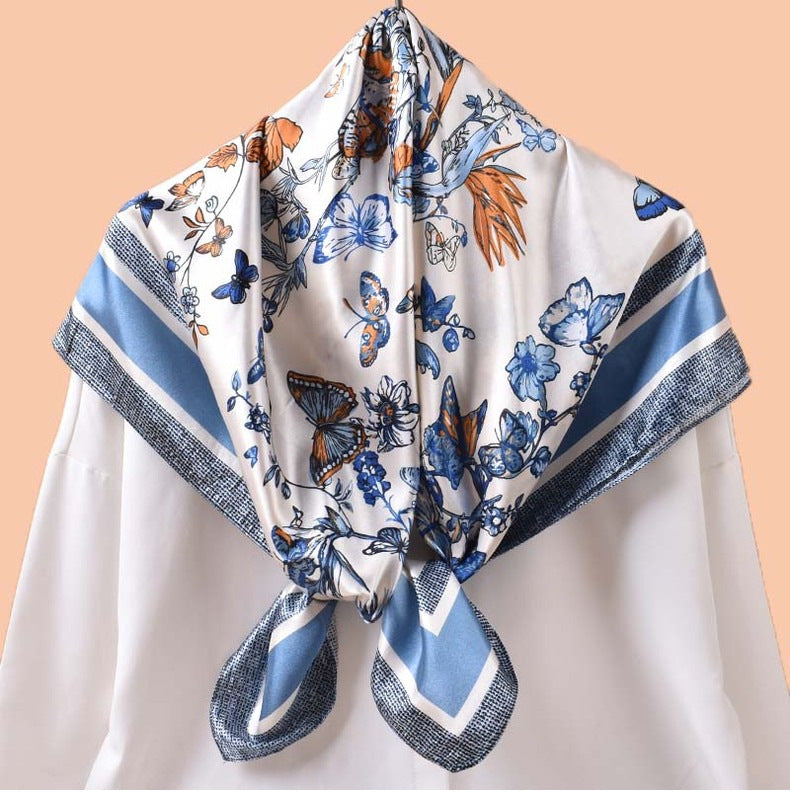 2025 Spring and Summer Butterfly Flying Printed Versatile Decorative Scarf Headscarf Silk Scarf 90 High Quality Satin Square Scarf