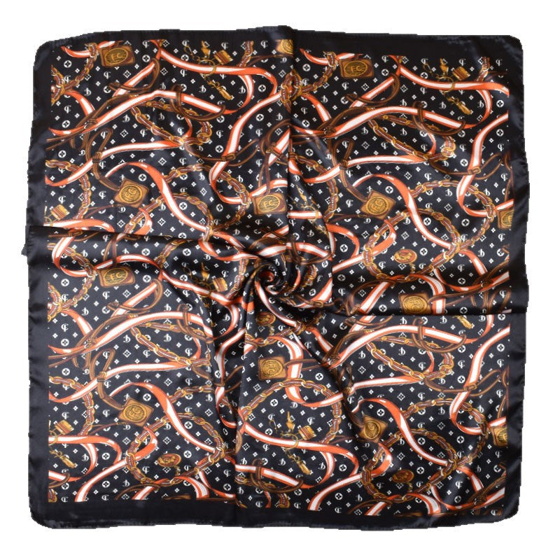 2025 new 90cm satin chain belt printed square scarf with sunscreen bag head silk scarf decorative scarf