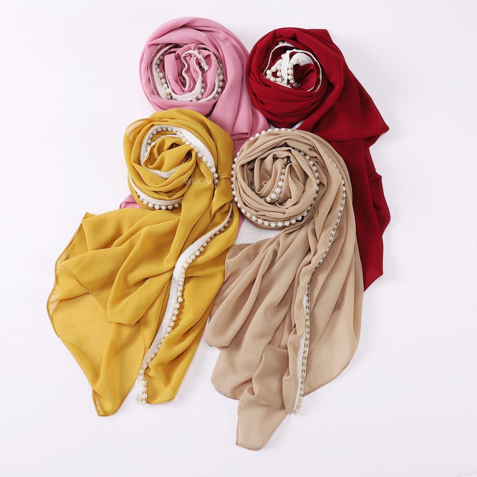 New solid color pearl chiffon pearl chain  scarf head scarf bubble scarf Middle East Malay headscarf