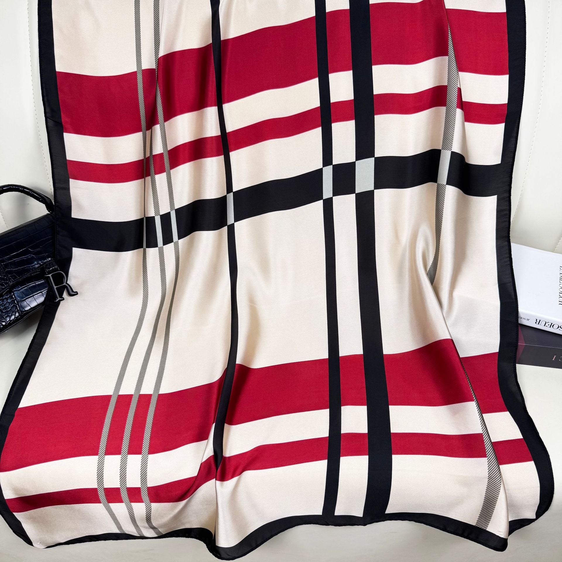 Simple and versatile geometric lines plaid damask printed silk scarf, new women's sunscreen shawl in spring, summer and autumn