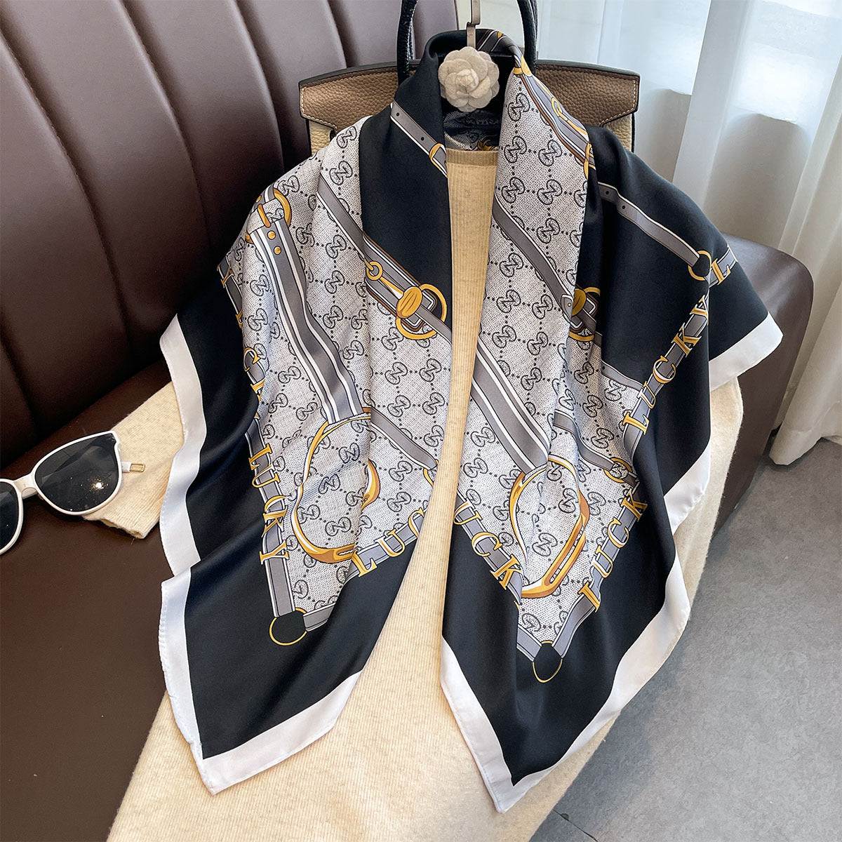 Spring and Autumn new letter 90 printed large square scarf women's travel sunscreen shawl temperament versatile thin scarf
